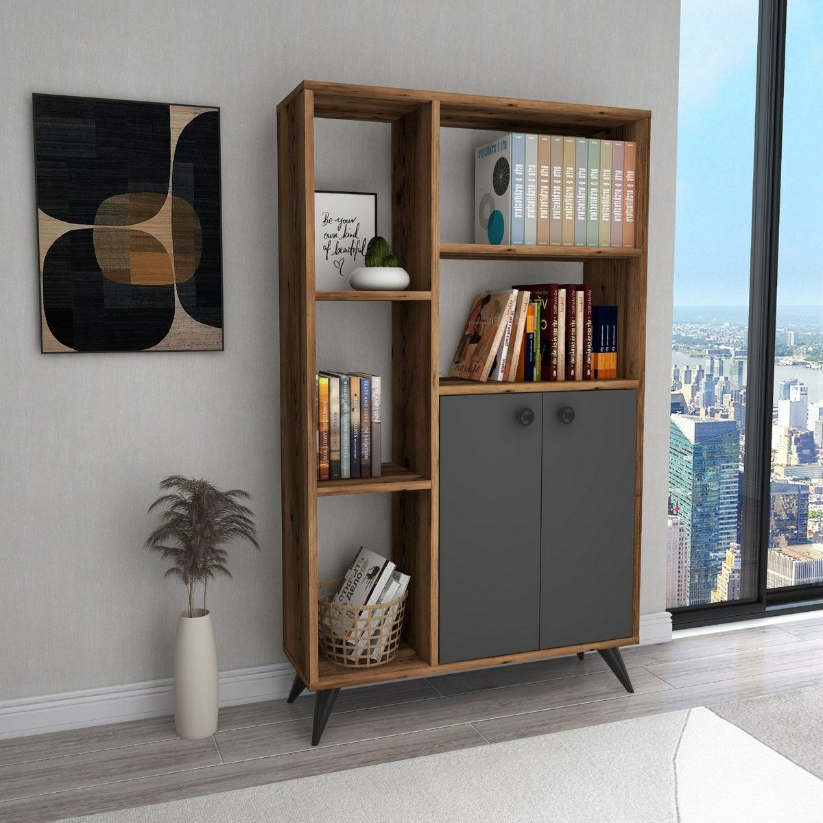 Knihovna Meldan Anthracite and Walnut – obrázok 4