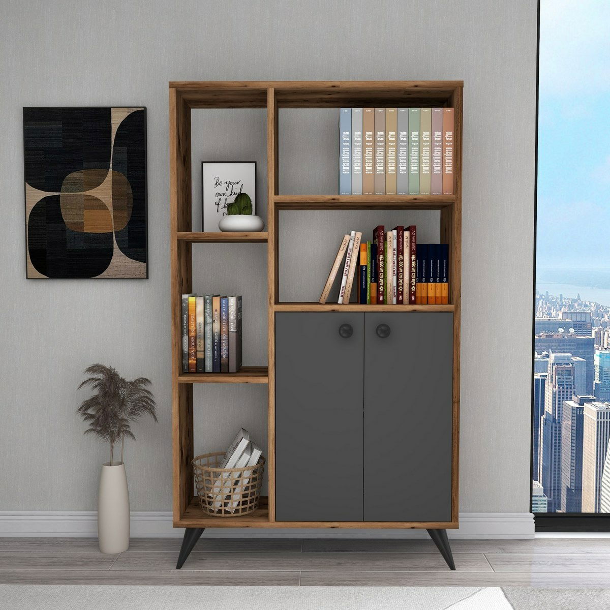 Knihovna Meldan Anthracite and Walnut – obrázok 3