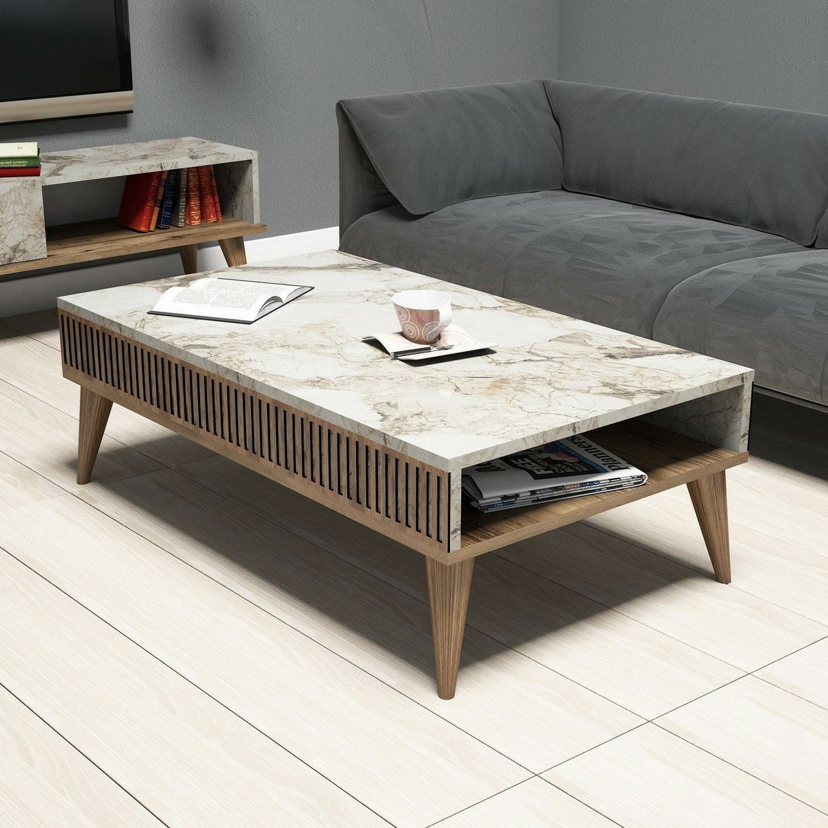 Konferenční stolek Mila White Marble and Walnut – obrázok 3