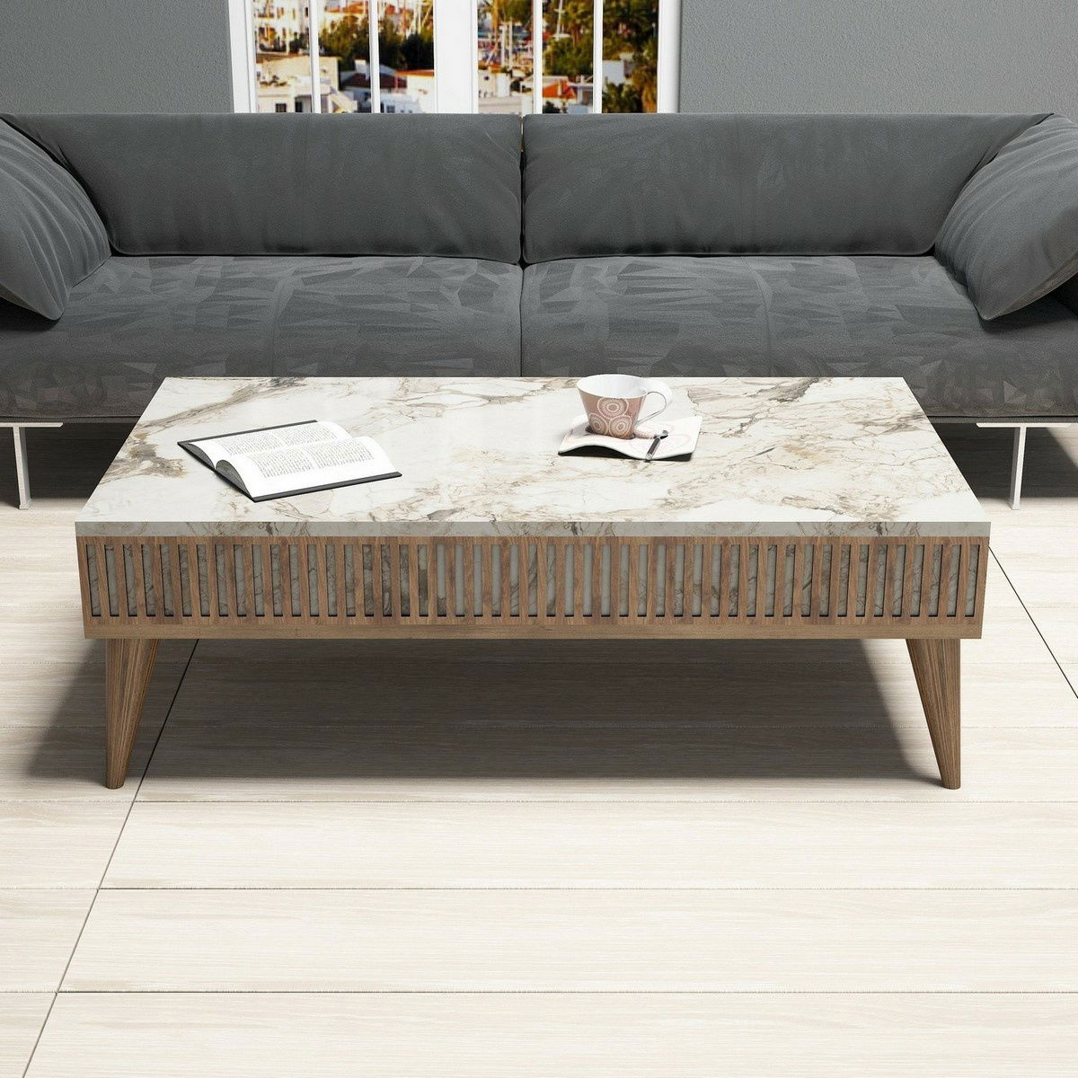 Konferenční stolek Mila White Marble and Walnut – obrázok 2