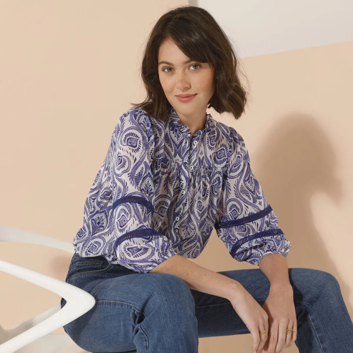 Halenka na knoflíčky s potiskem indigo/modrá 40