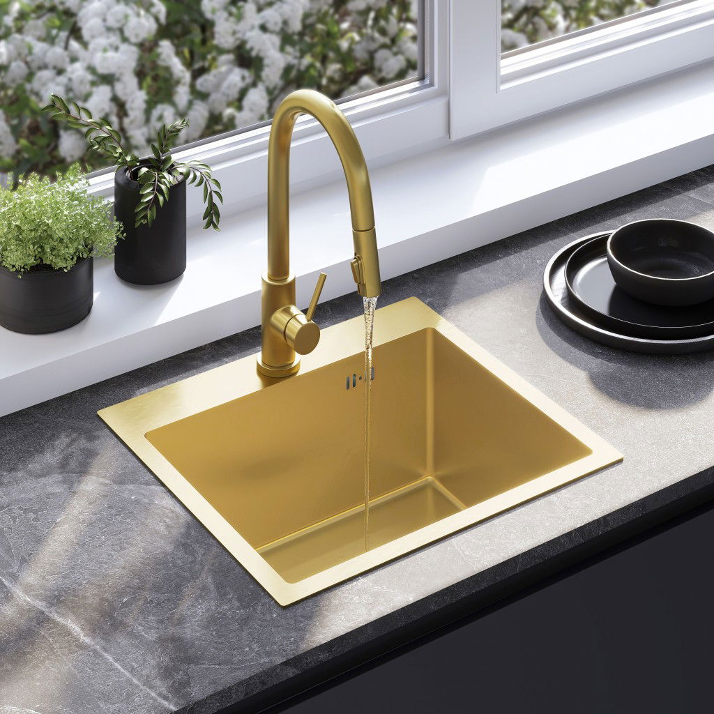 REA Ocelový dřez Leo 50 BRUSH GOLD s kuchyňskou baterií KPL-96004