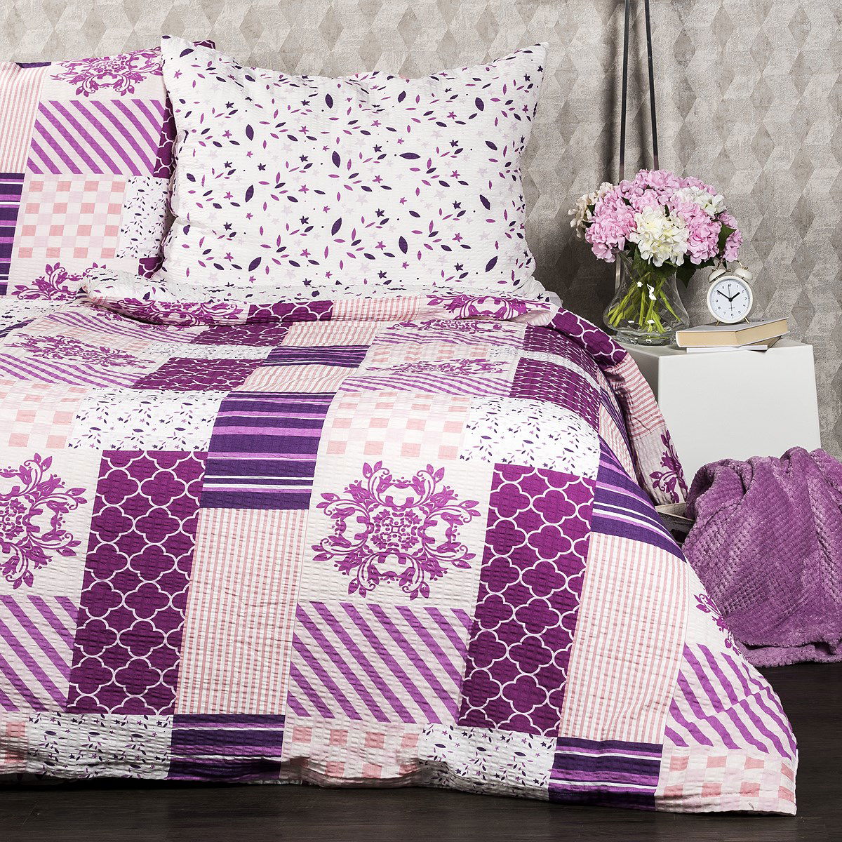 Krepové obliečky Patchwork violet, 140 x 200 cm, 70 x 90 cm
