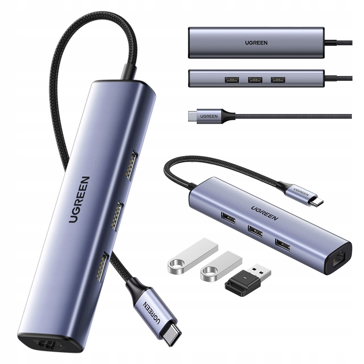 2 x Adaptér Ugreen CM475 Hub Usb-c Na 3X Usb 3.0, RJ45, Usb-c Pd (sivý)