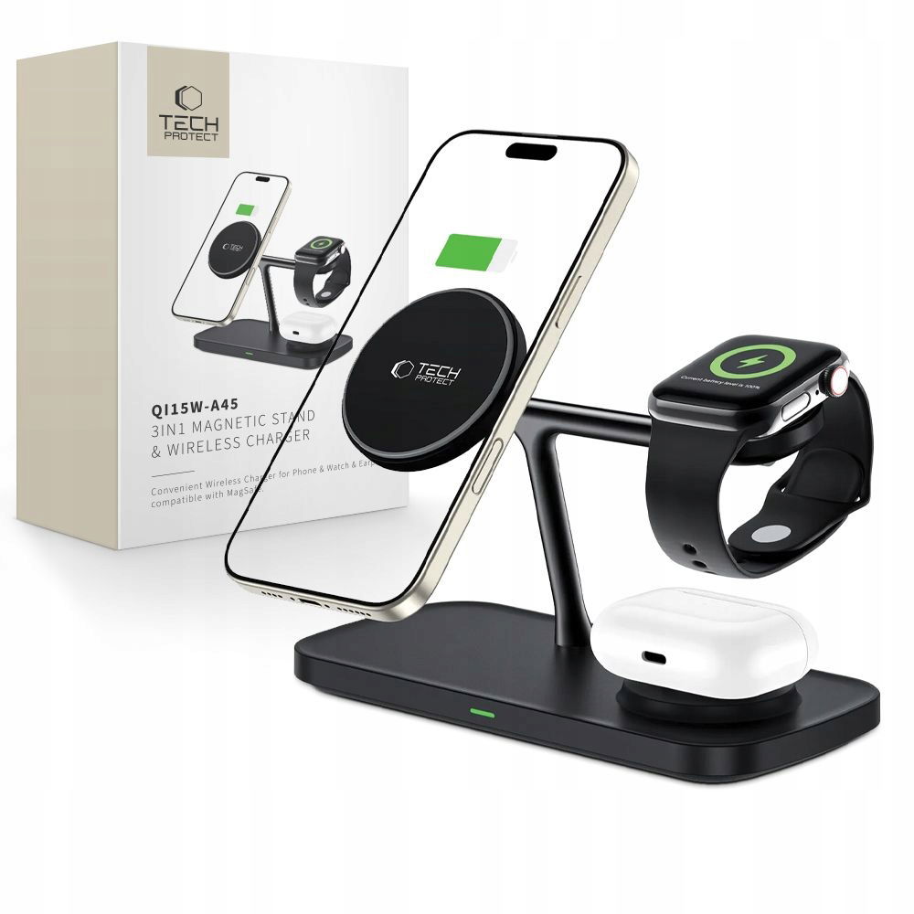 2 x Bezdrôtová Nabíjačka Tech-protect 3 V 1 Magsafe Qi 15 W Čierna Pre Iphone