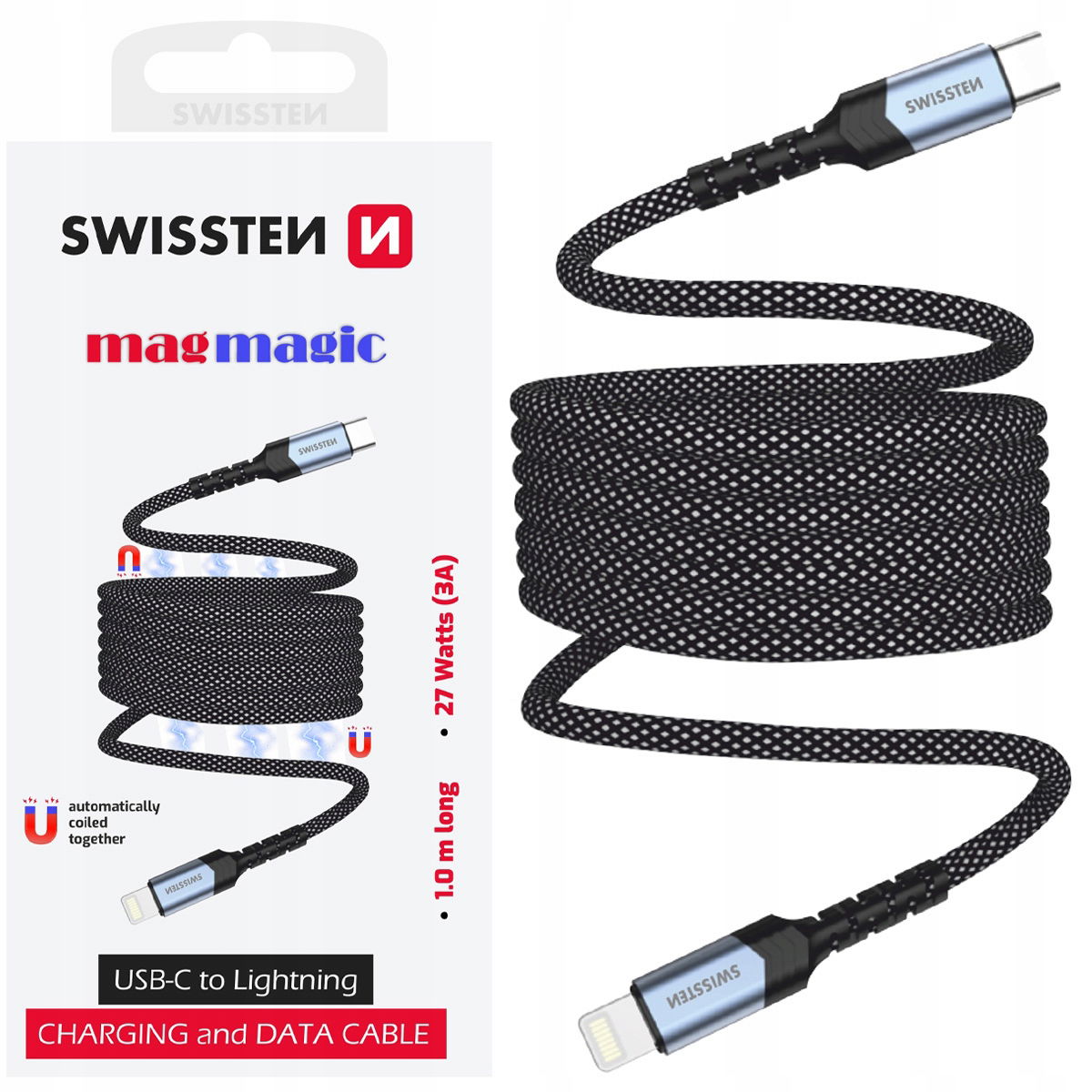 2 x Kábel Swissten Magnetic USB-C/Lightning Samosvíjací 1M