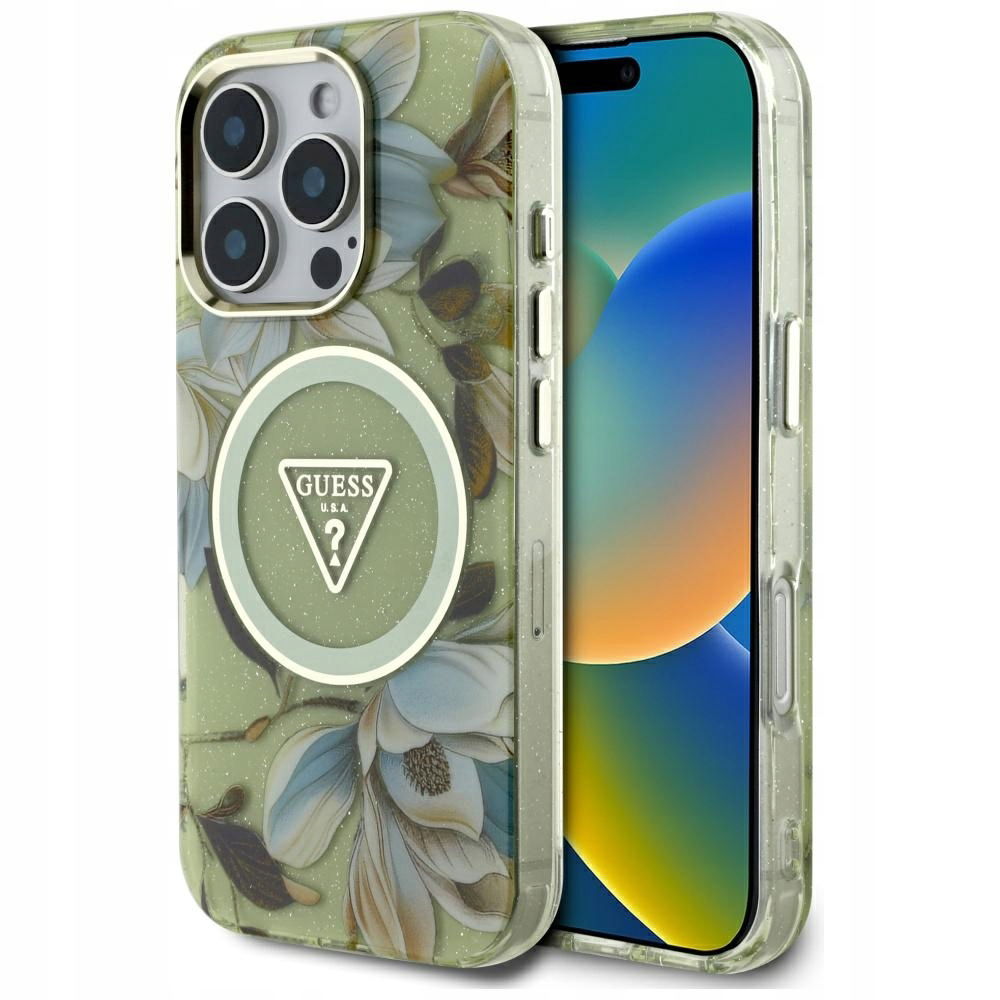 2 x puzdro Guess Glitter Flowers Triangle MagSafe pre iPhone 16 Pro, zelené