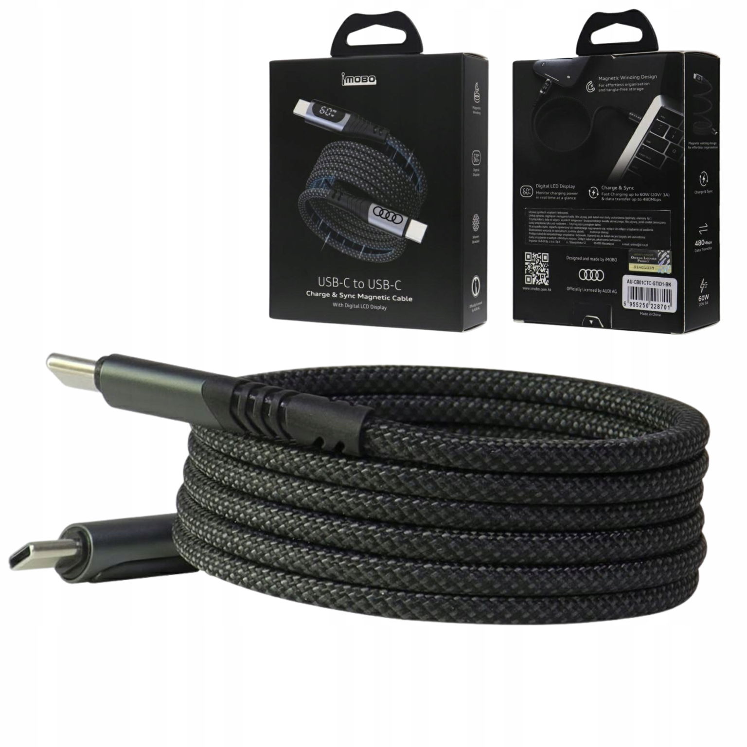 2 x Usb-c/usb-c kábel Audi 2.0 Charge & Sync Cable 20V 3A 60W čierny