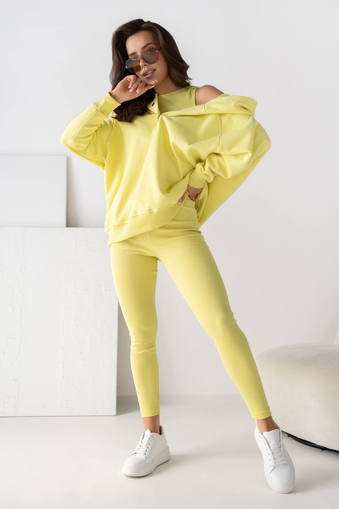 3-dielny komplet teplákov: Oversize mikina, Top Legíny Prúžok Žltý