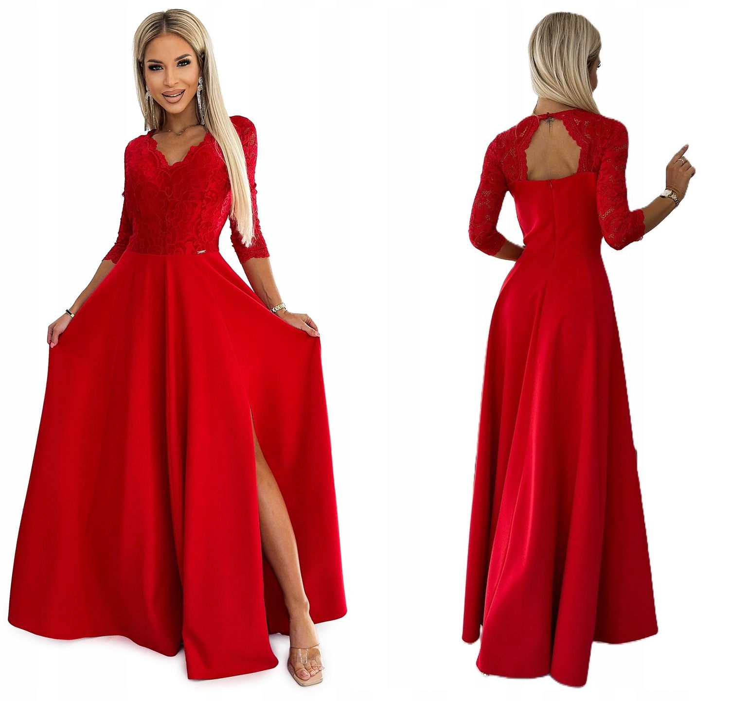 3 Elegantné Dlhé Šaty S Čipkovaným Výstrihom Na Ples, Červená,