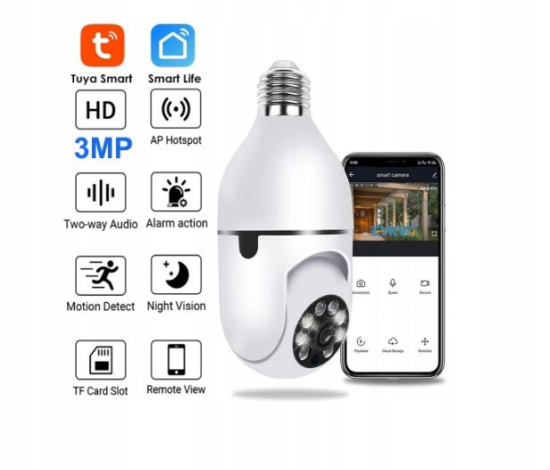 3MPX Otočná Wifi Kamera S Závitom E27 App Tuya