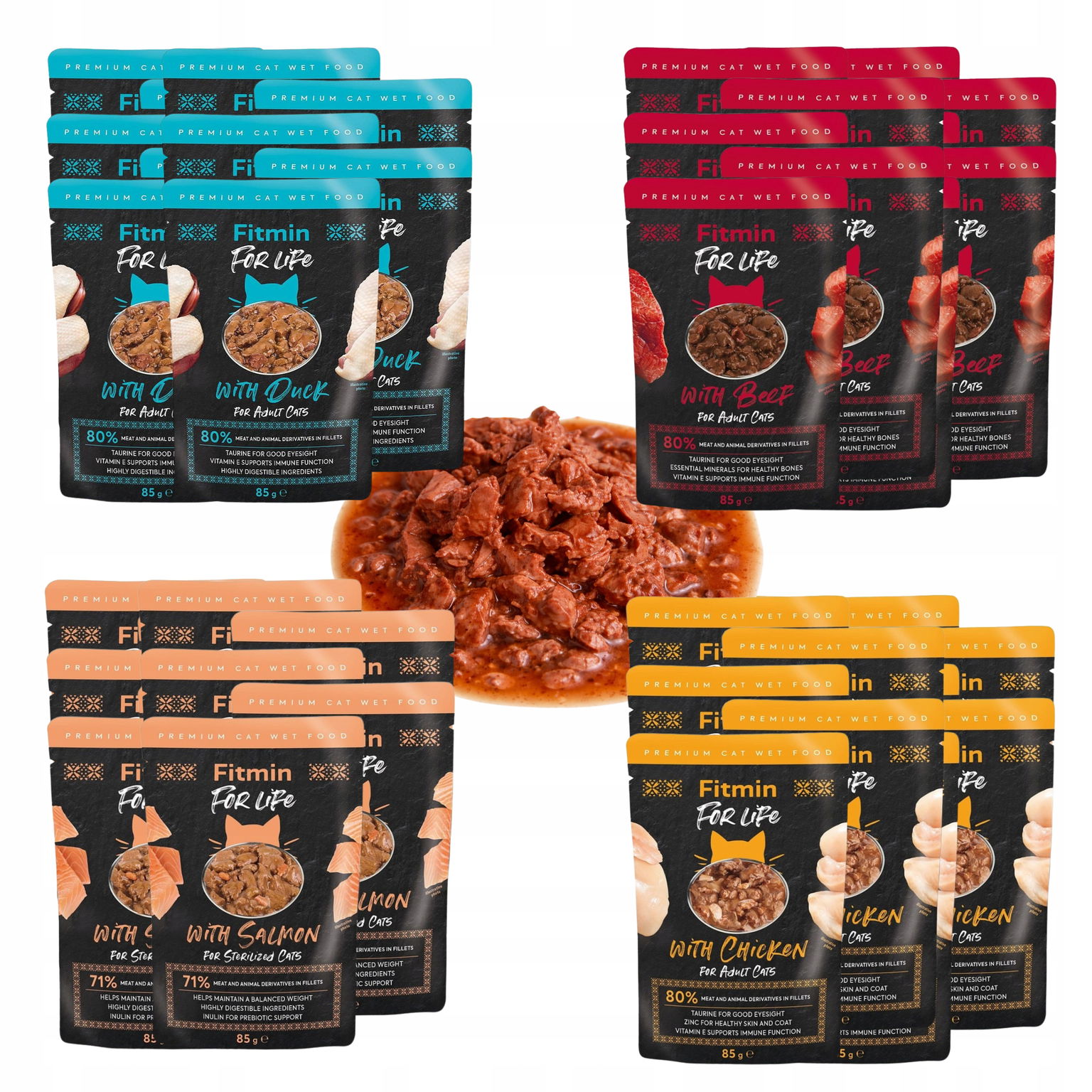 40 x Vlhké Krmivo pre mačky Fitmin Filet Mix príchutí pre sterilizované mačky 85 g