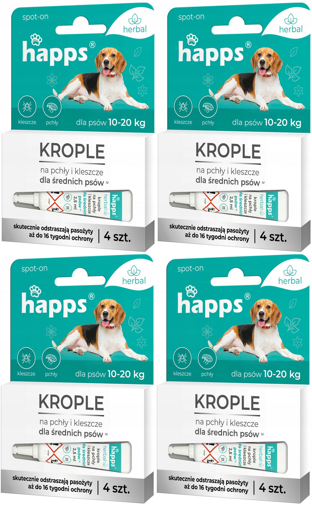 4x Kvapky Na Blchy A Kliešte Pre Stredné Psy Silné 10-20 kg 4x2,5 ml Happs