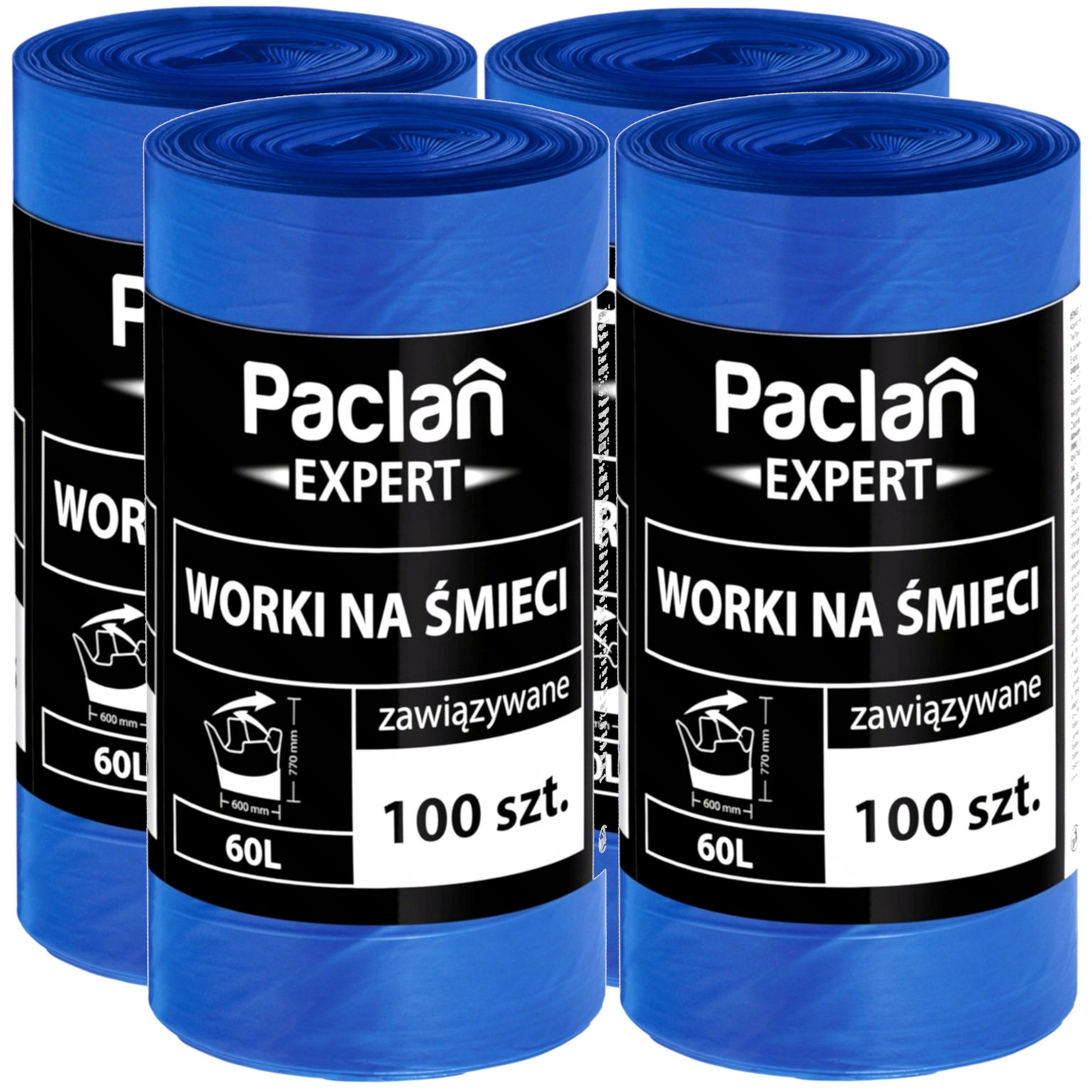 4x Vrecia na odpadky 60L 100 ks Paclan Expert Viazané, silné, nepraskajúce