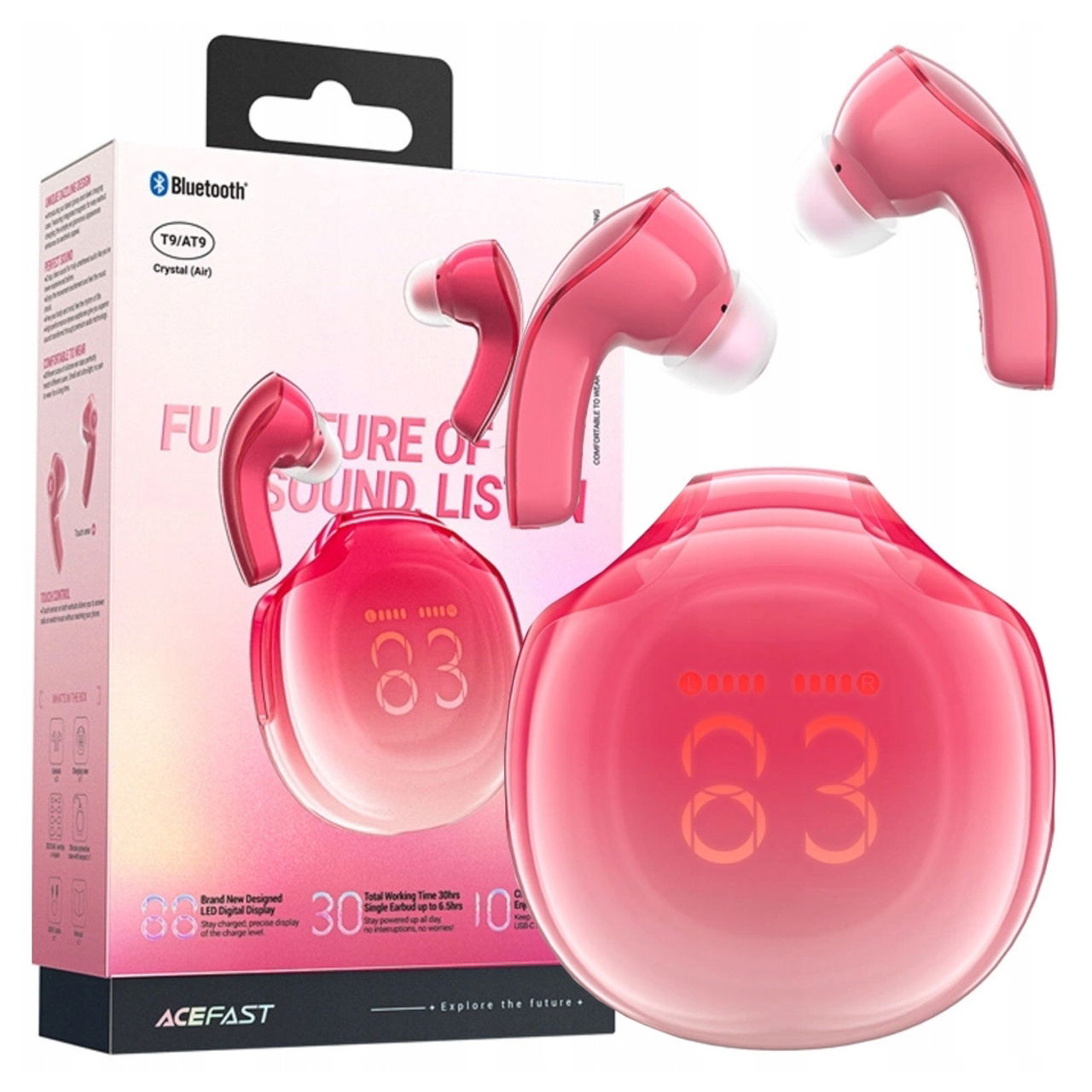 Acefast Bezdrôtové Slúchadlá Do Uší T9 Bluetooth 5.3 Led IPX4 Červené