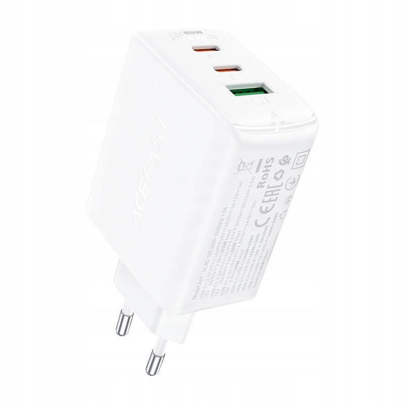 Acefast Rýchla Nabíjačka Gan (2XUSB-C/USB-A) PPS/PD/QC4+ 65W Biela