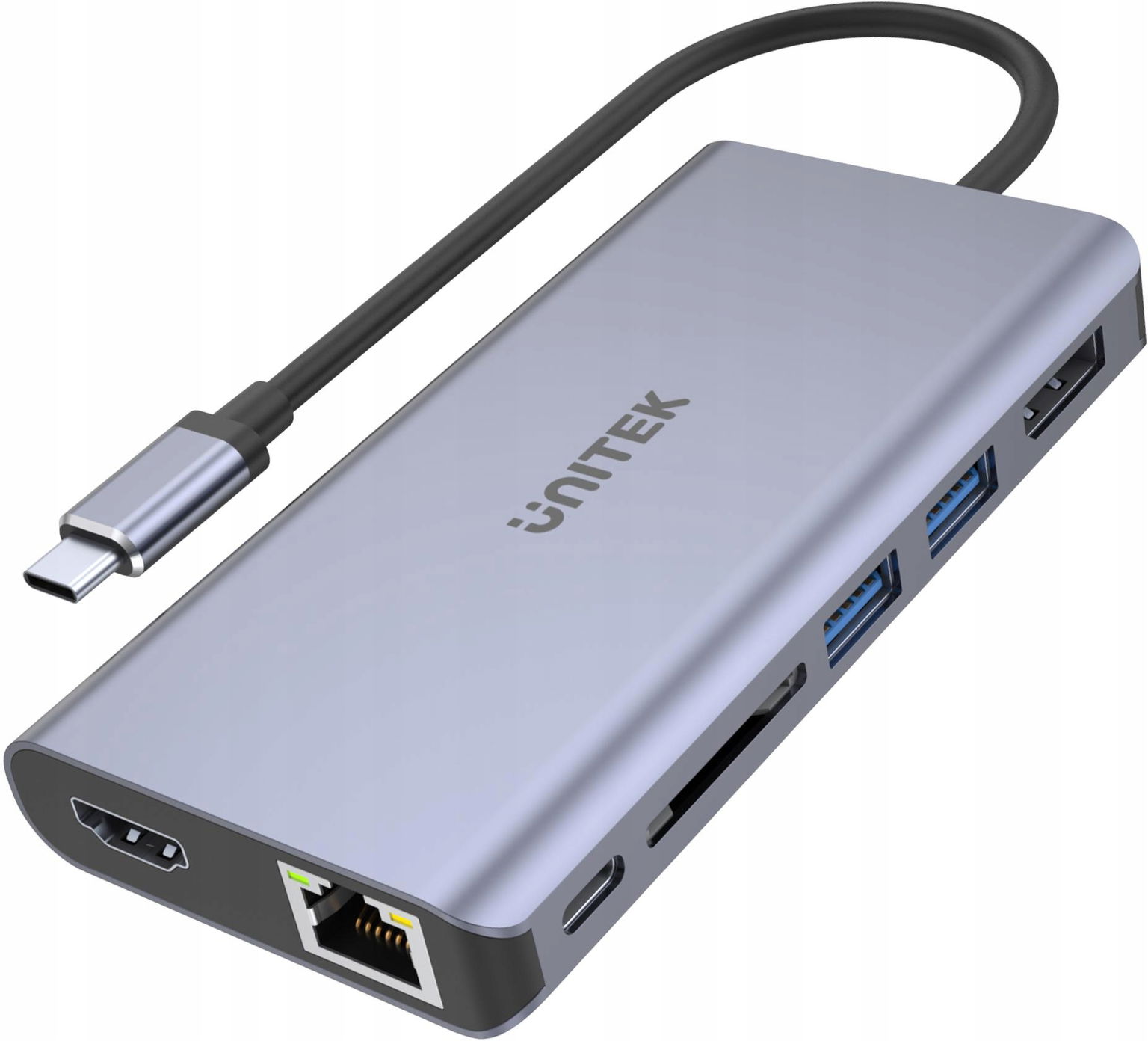 Adaptér Unitek D1056A Usb-c hub 2x Usb 3.1 Hdmi Dp RJ45 čítačka Sd