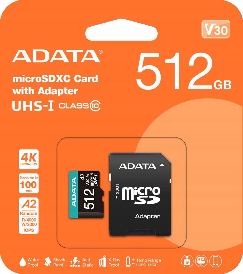 Adata Pamäťová karta microSD Premier Pro 512 Gb UHS1 U3 V30 A2 adaptér
