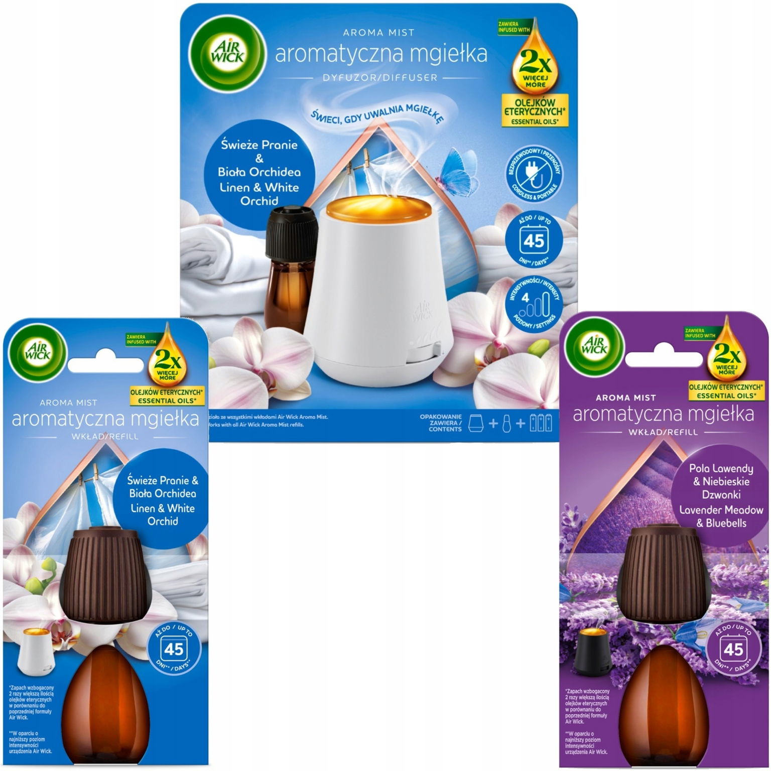 Air Wick Hmla Komplet Čerstvé pranie Biela Orchidea Náhradná náplň 2x20 ml