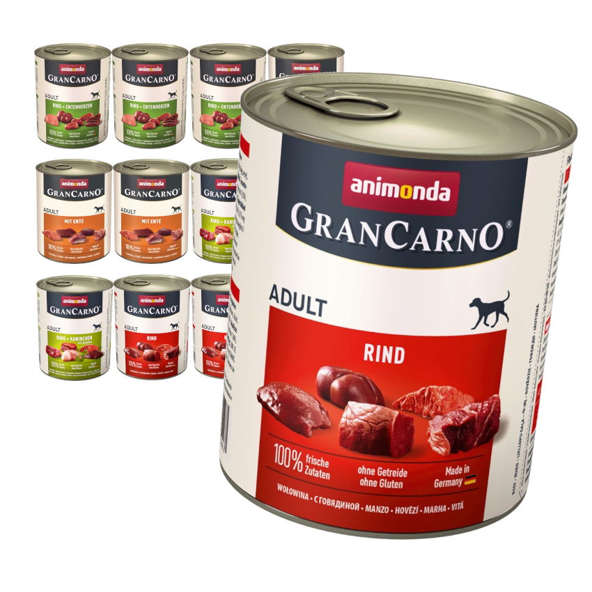 Animonda GranCarno Adult 12x800g Vlhké Krmivo pre psa Mix 4 príchutí