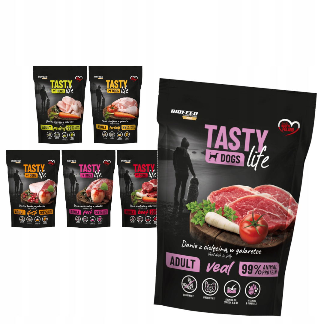 Biofeed Tasty Dogs Life 6x500g Vlhké Krmivo pre psa Mix 6 príchutí s želé