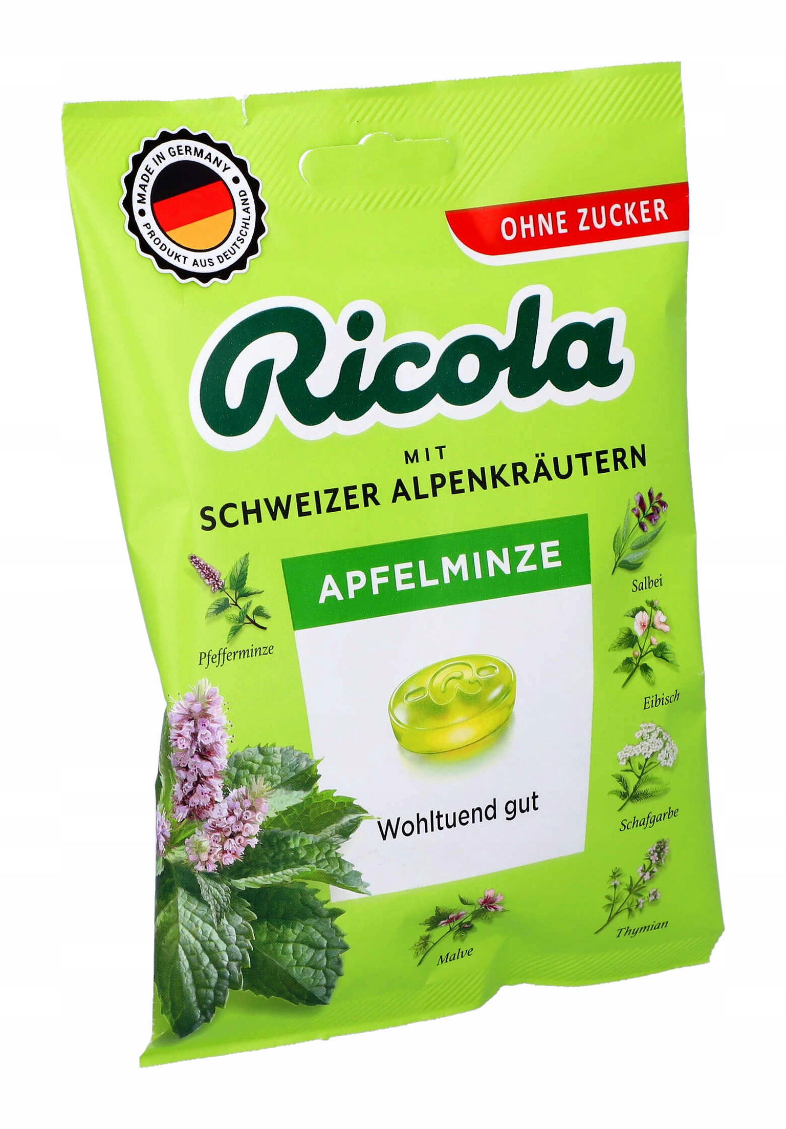 Bylinné cukríky bez cukru Ricola Jablková mäta 75g De