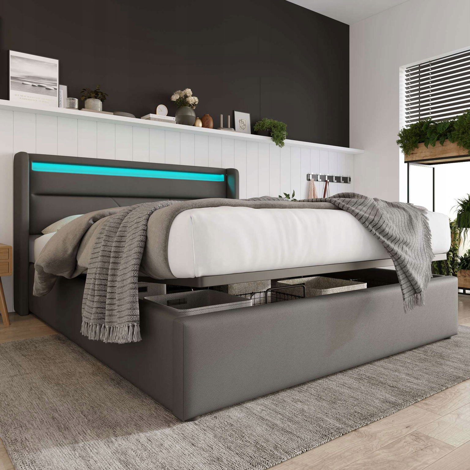 Čalúnená manželská posteľ Led 160 cm Hydraulická skladová posteľ matrac