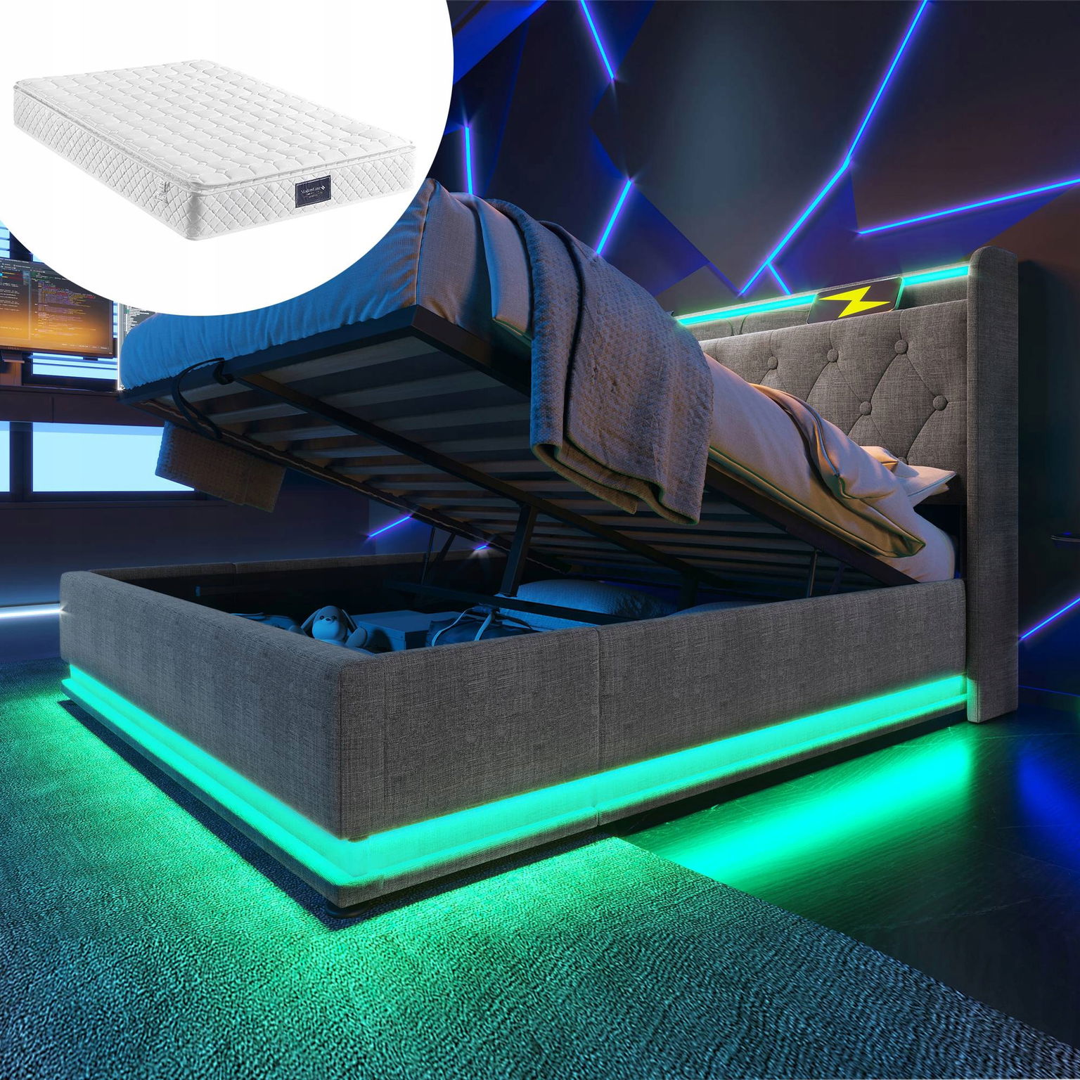 Čalúnená posteľ Dvojlôžková posteľ 140x200 Led Usb C Hydraulické+Matrac
