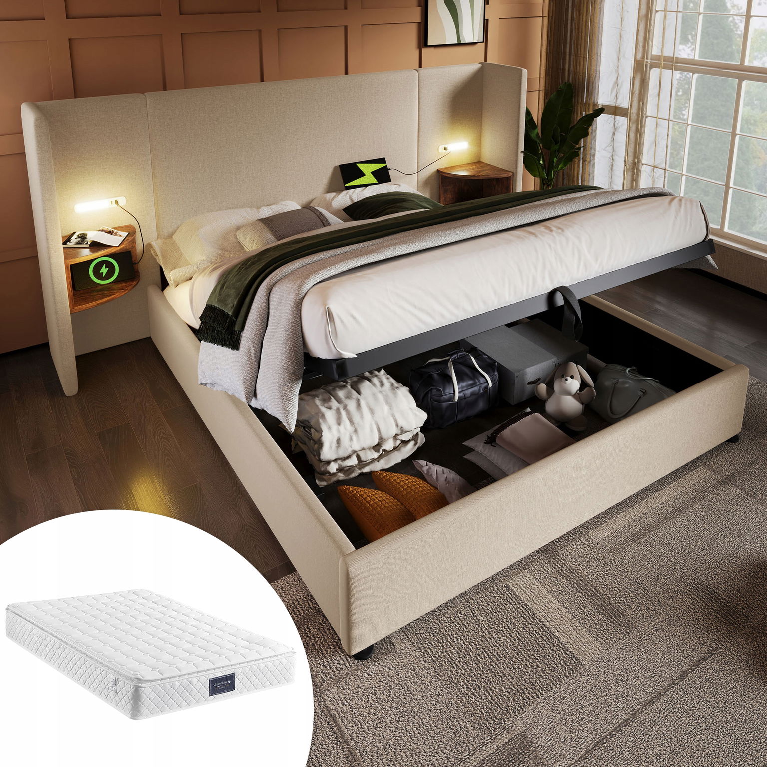 Čalúnená posteľ Dvojlôžková posteľ 160×200 cm Usb typu C béžová matrac