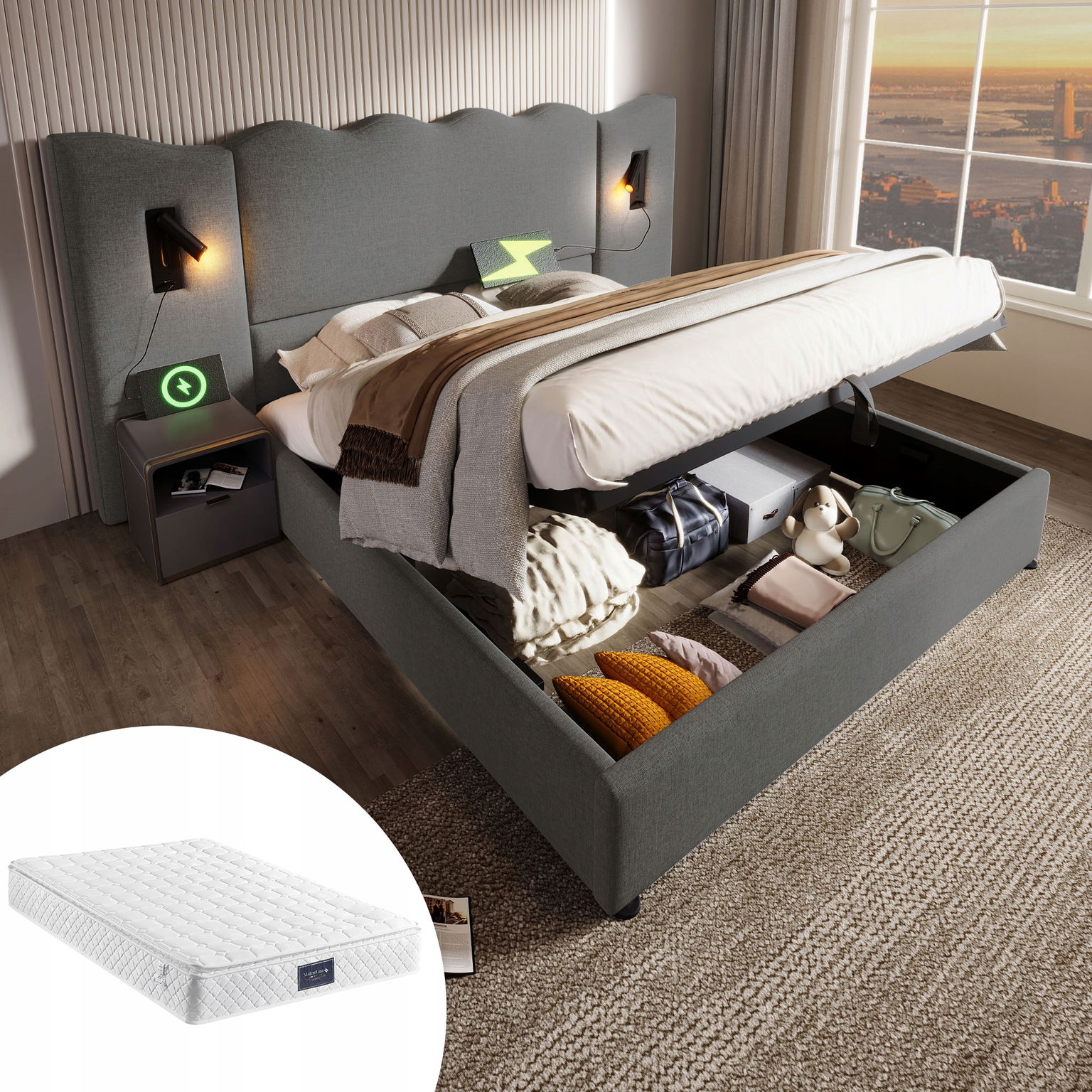 Čalúnená posteľ Dvojlôžková posteľ 160×200 Usb typu C lampa šedá matrac