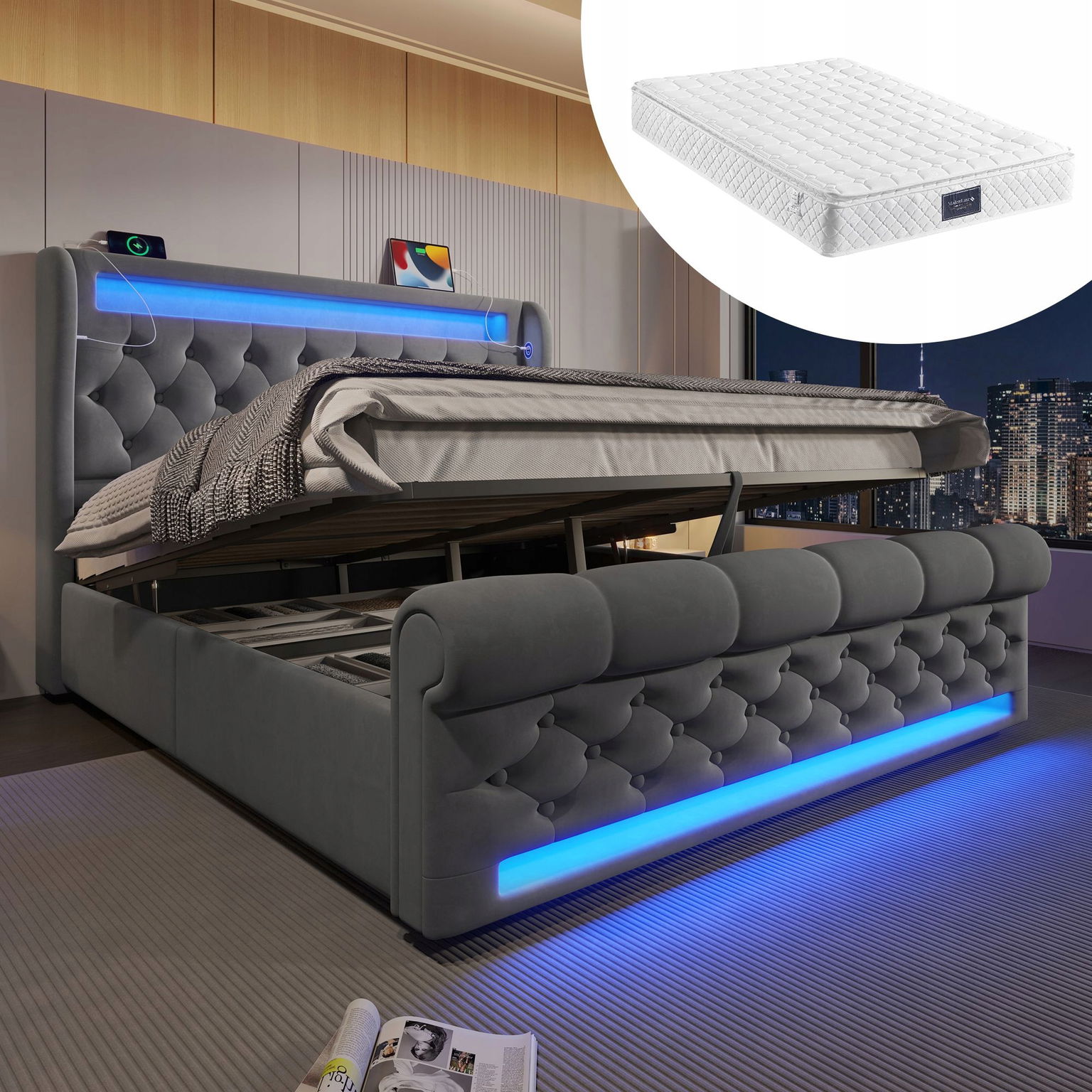 Čalúnená posteľ Dvojlôžková posteľ 160x200 cm Led Usb Type-C šedá matrac