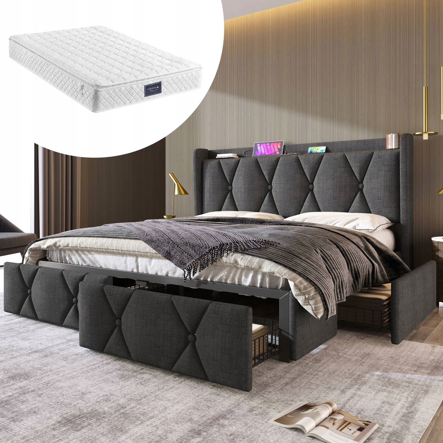 Čalúnená posteľ Dvojlôžková posteľ 160x200 Usb 4 zásuvky šedá matrac