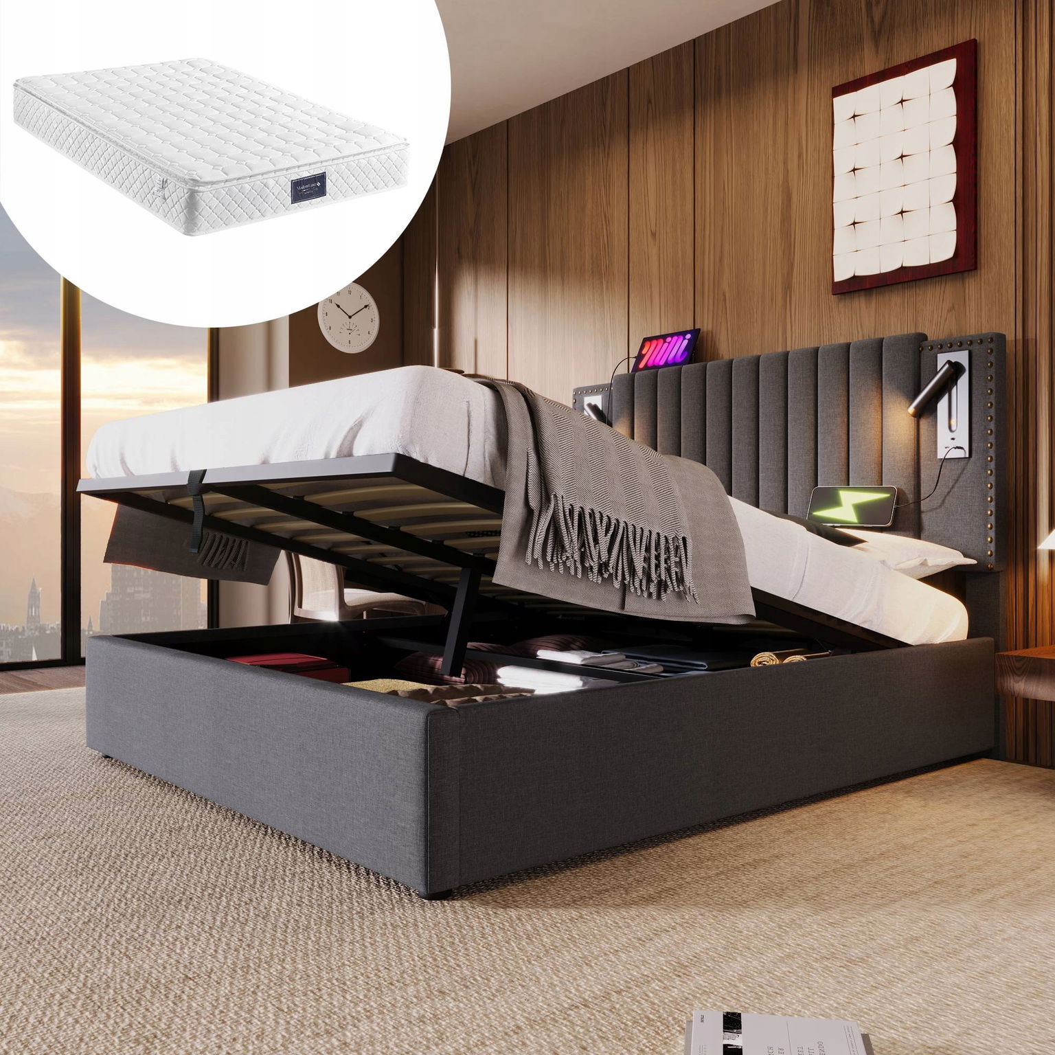 Čalúnená posteľ Dvojlôžková posteľ Usb 160x200 Hydraulická šedá matrac