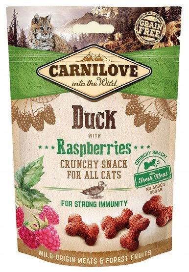 Carnilove Maškrta pre mačky Fresh Crunchy Kačica Maliny 50g