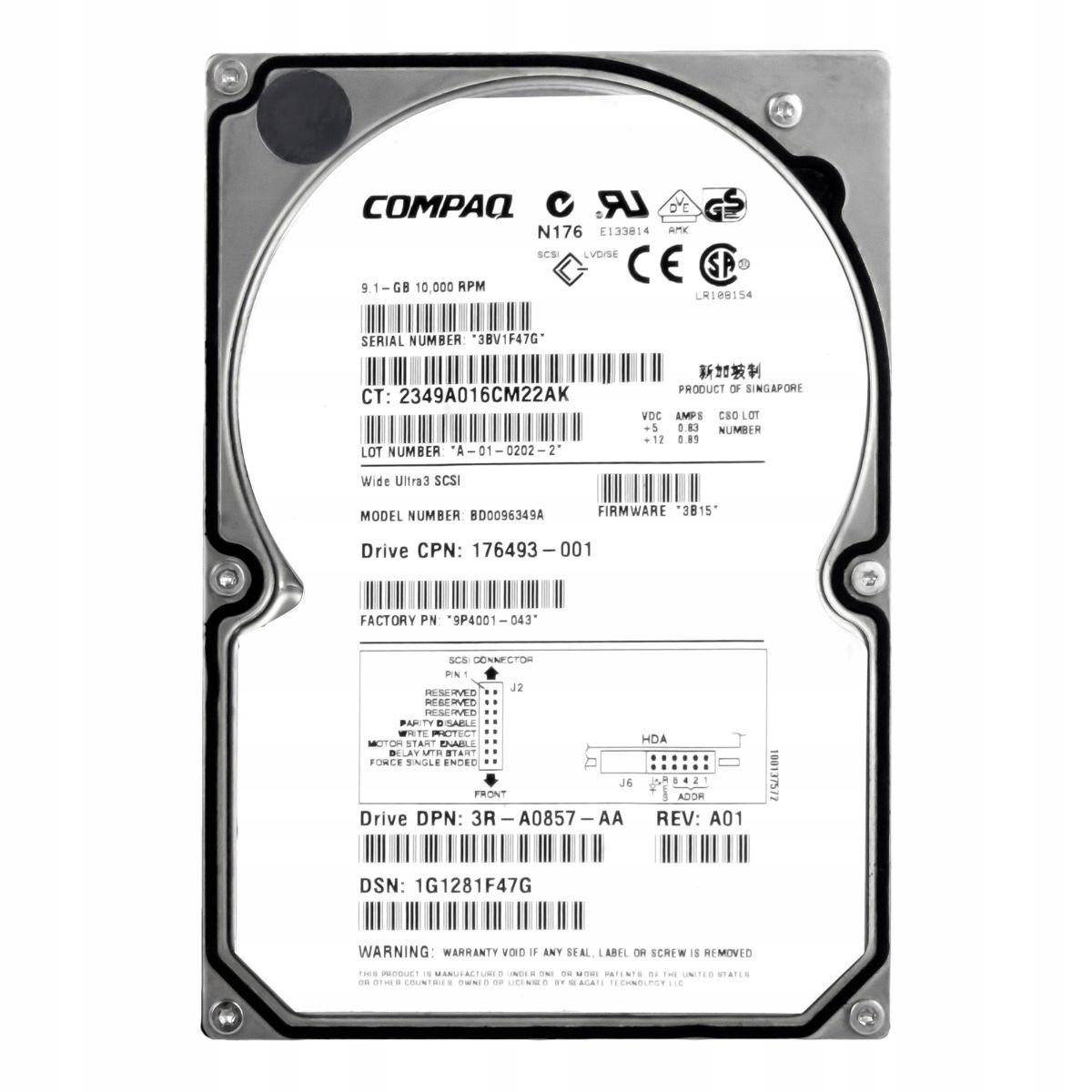 Compaq 176493-001 9.1 Gb 10K Scsi 3.5'' BD0096349A