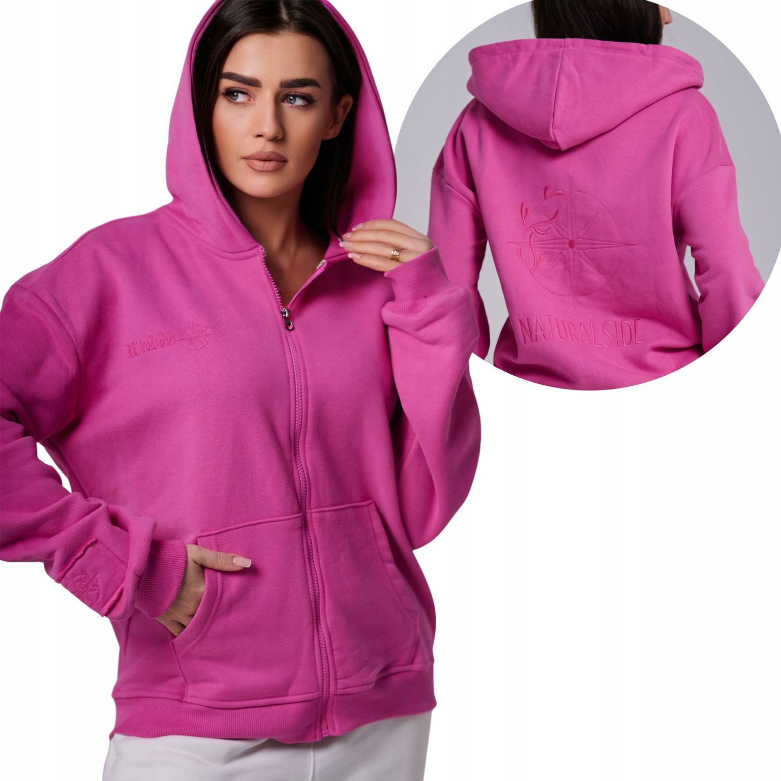Dámska rozopínateľná tepláková mikina Basic s kapucňou, výšivka Premium, fuchsia Xs S