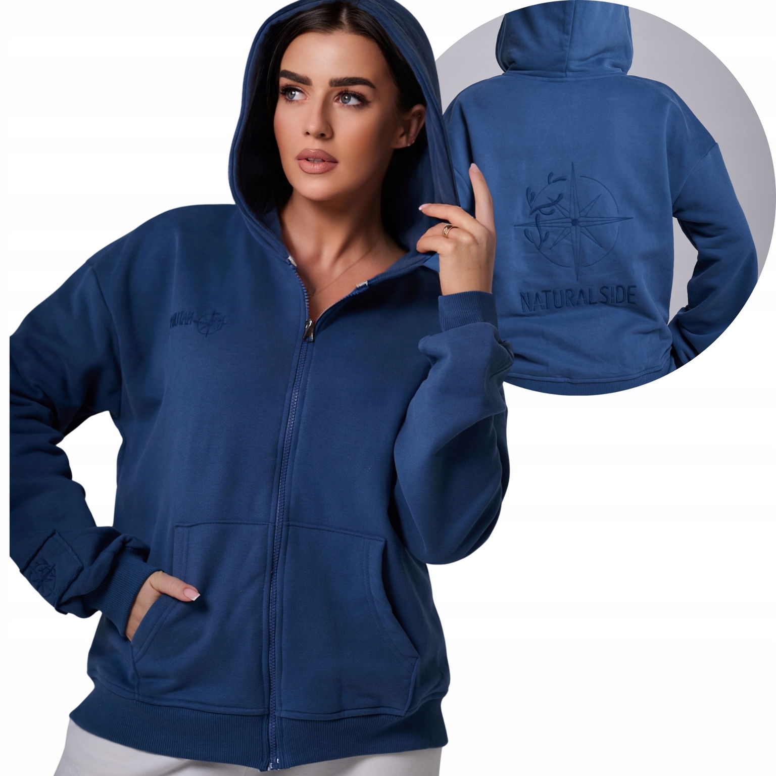 Dámska rozopínateľná tepláková mikina Basic s kapucňou, výšivka Premium indigo Xs S