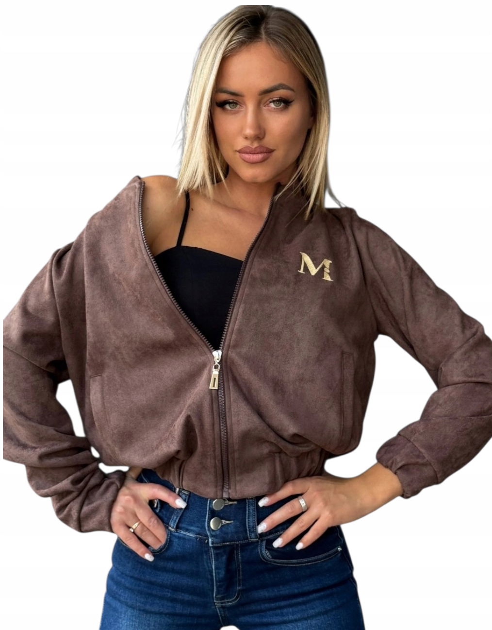 Dámska semišová bomberová bunda na zips, hnedá čokoláda, krátka, premium, L