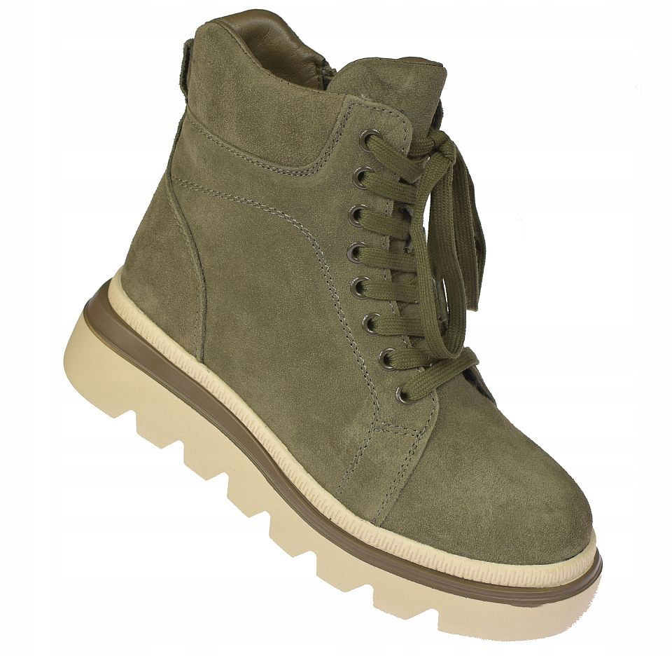 Dámske kožené snehule, zateplené čižmy creepersy khaki B-3-1379 veľ. 38