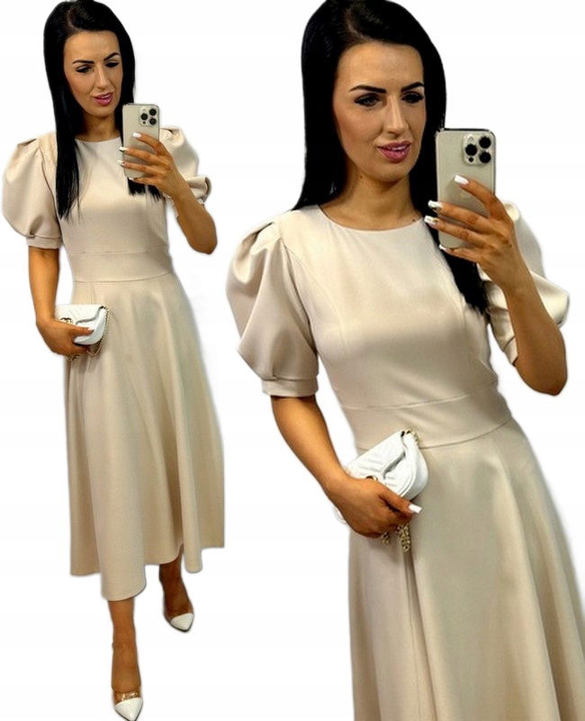 Dámske šaty na krstné prijímanie Svadba Elegantná Midi Bufka Béžová S