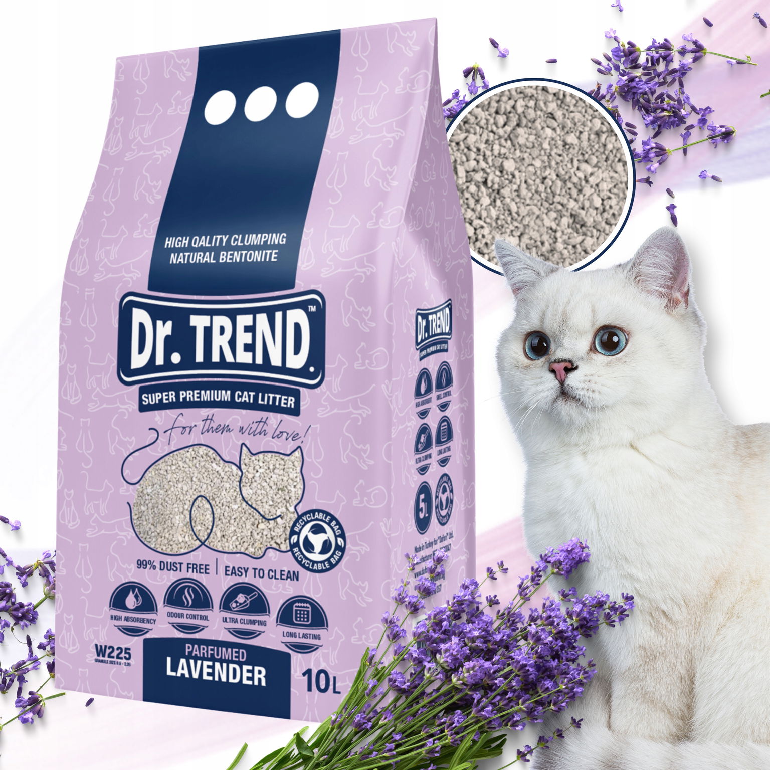 Dr. Trend Premium bentonitový piesok pre mačky s vôňou Levandule 10 L