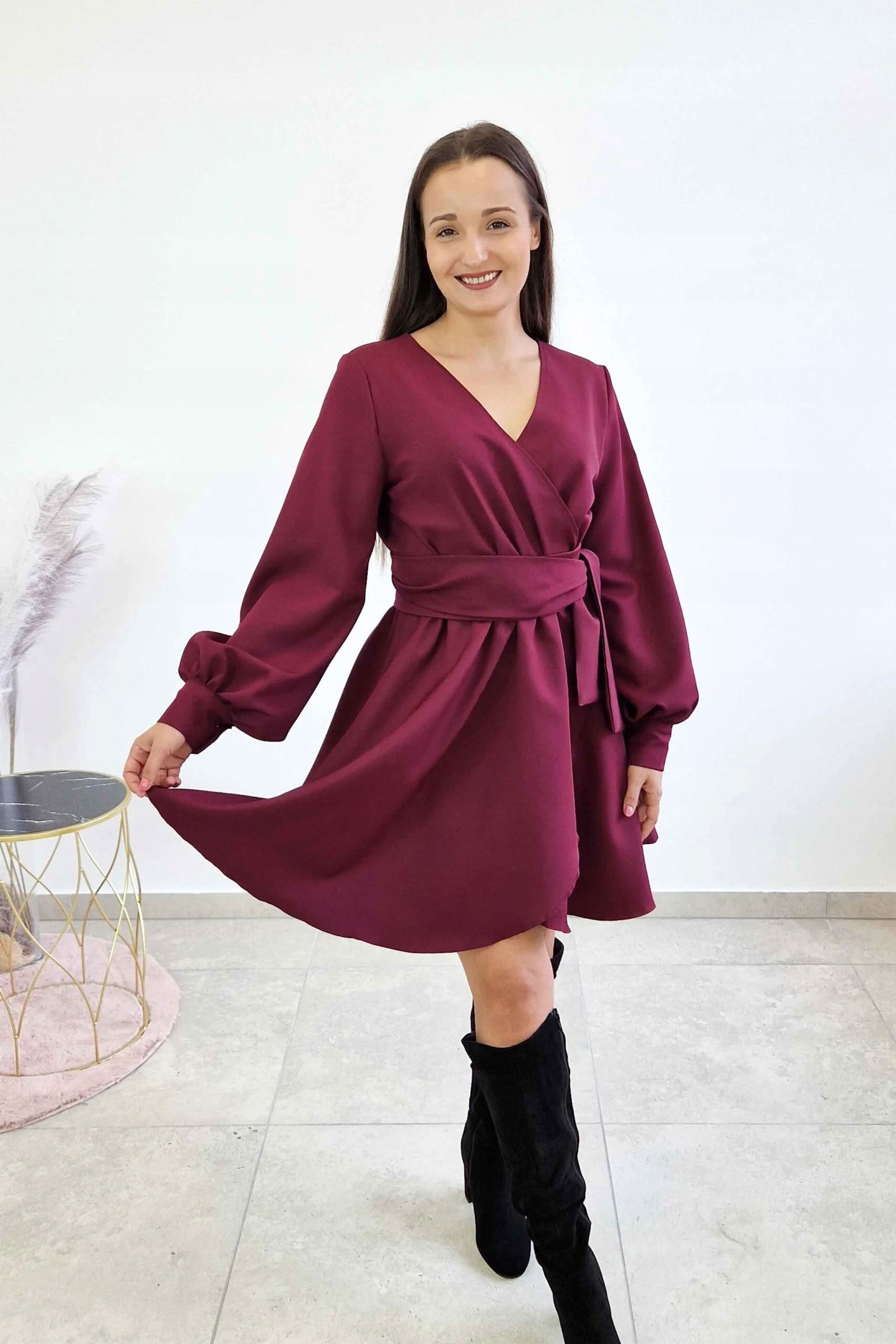 Elegantná dámska sukňa Midi s šarfom v páse, bordová, Uni