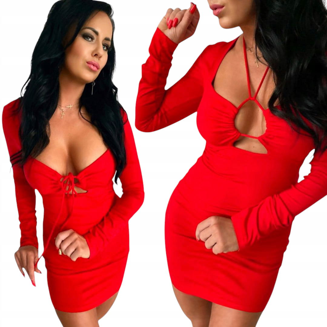 Elegantné dámske mini sexy šaty s hlbokým výstrihom a dlhým rukávom M 38