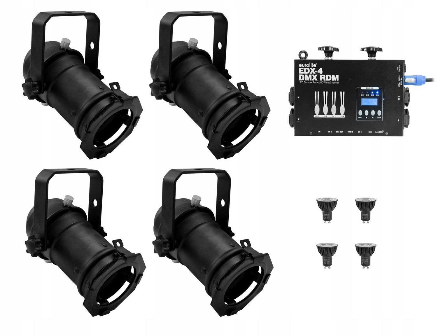 Eurolite Sada 4x PAR-16 Spot bk dim2warm EDX-4 DMX Rdm Led Dimmer pack