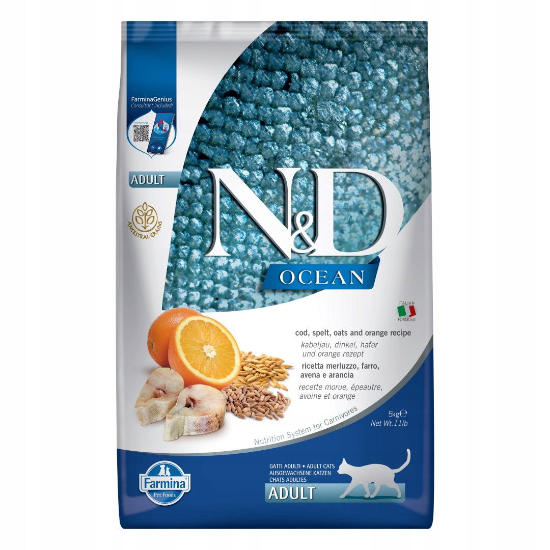 Farmina N&d Cat Ocean Cod Spelt Oats 5 kg Suché krmivo s treskou pre mačky