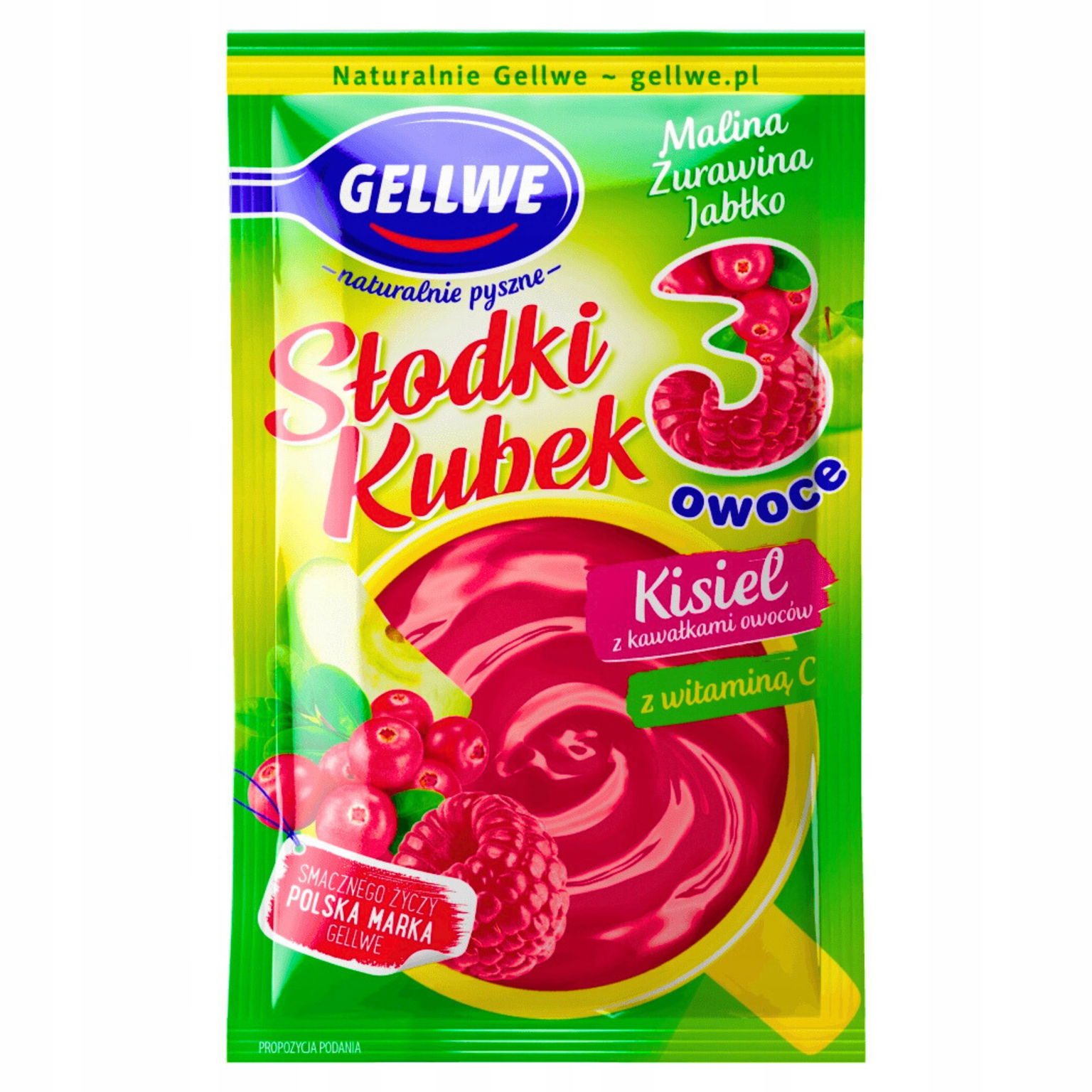 Gellwe Sladký hrnček Kisiel s kúskami ovocia malina brusnica jablko 30 g