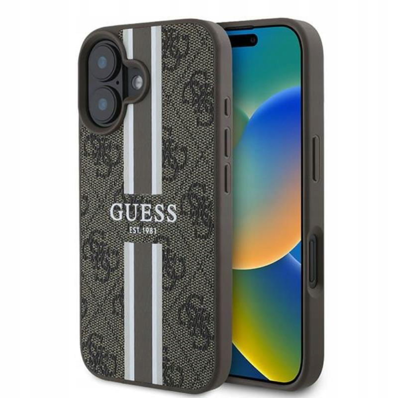 Guess 4G Printed Stripes MagSafe Puzdro na iPhone 16 Plus (hnedé)
