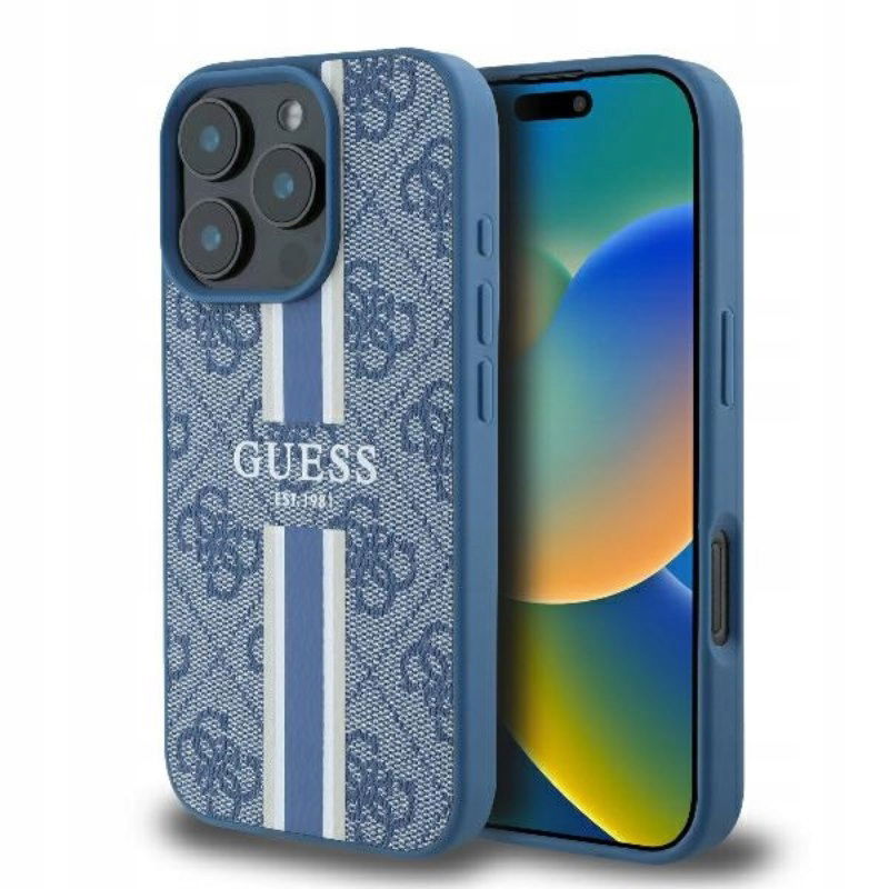 Guess 4G Printed Stripes MagSafe – puzdro na iPhone 16 Pro (modré)