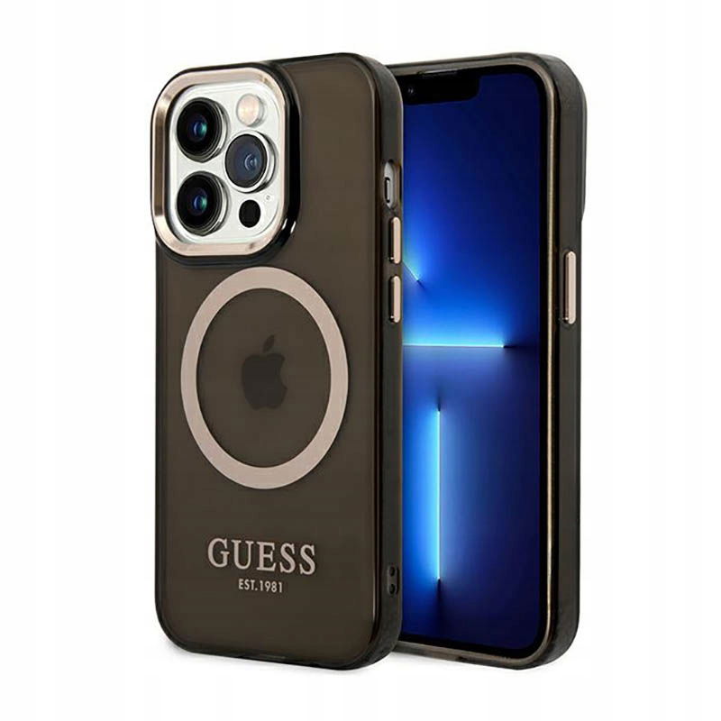 Guess Gold Outline Translucent MagSafe Puzdro na iPhone 14 Pro (čierne)