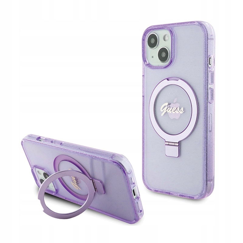 Guess Ring Stand Script Glitter MagSafe puzdro na iPhone 15 Plus (fialové)